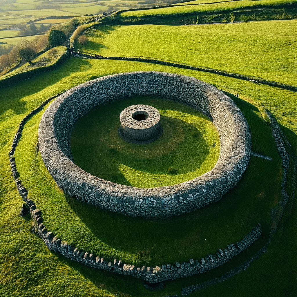 A stunning aerial view of Newgrange, with its impr